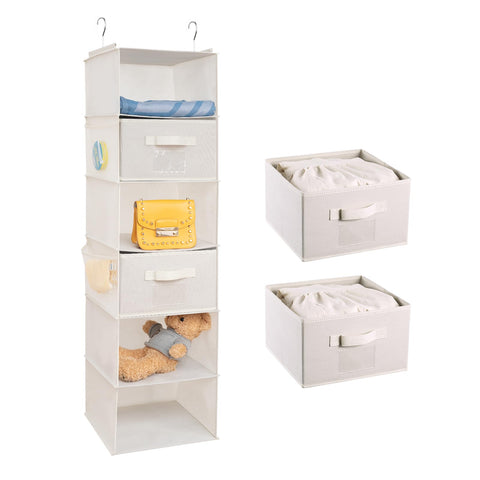 BrilliantJo Hanging Wardrobe Organiser 6 Shelves with 2 Removable Drawers Closet Storage, hanging Shelves Unit with 4 Pockets for Clothes