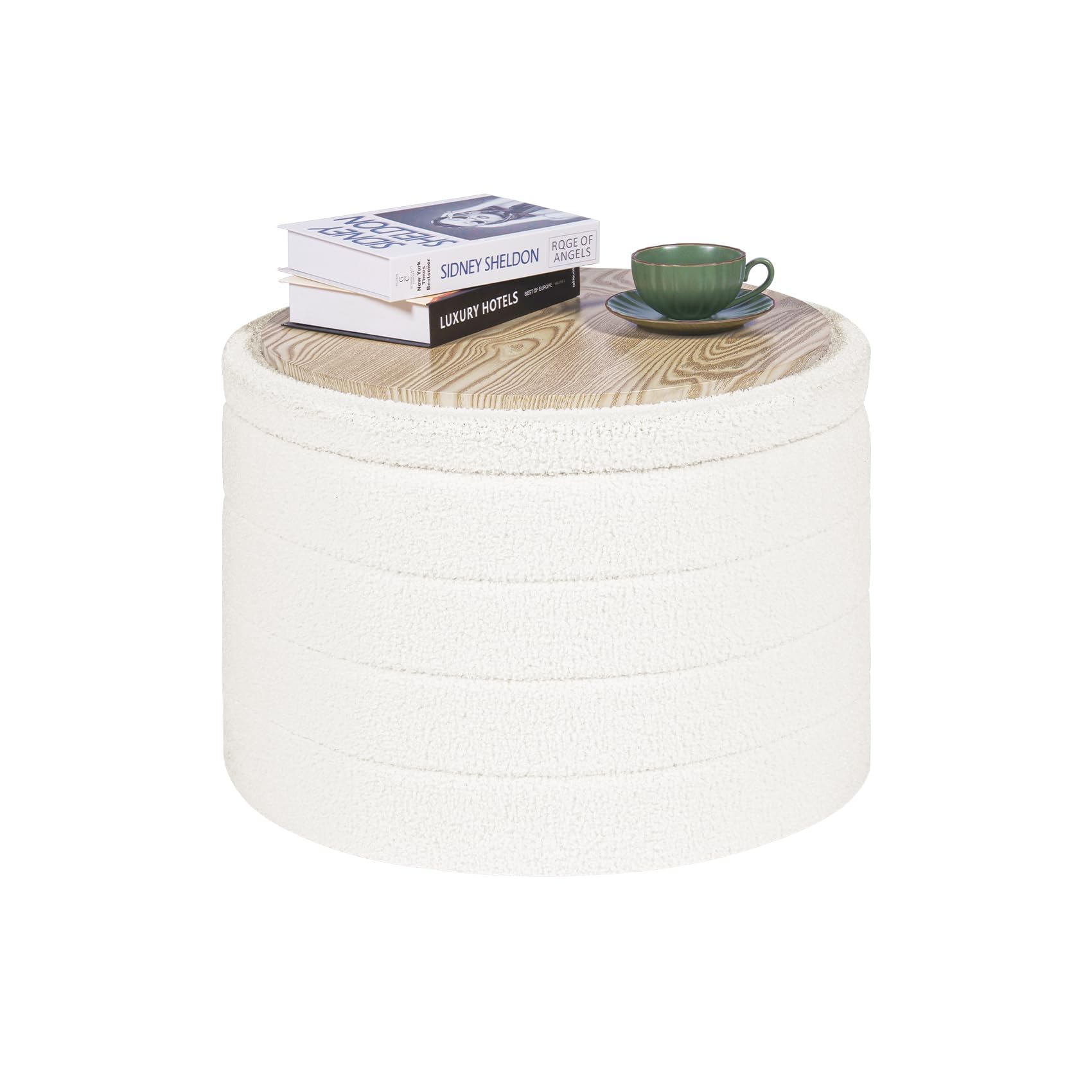 PINPLUS Round Ottoman Storage, Convertible Table, Cream White, 56x56x40 cm