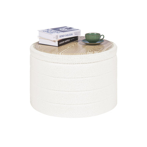 PINPLUS Round Ottoman Storage, Convertible Table, Cream White, 56x56x40 cm