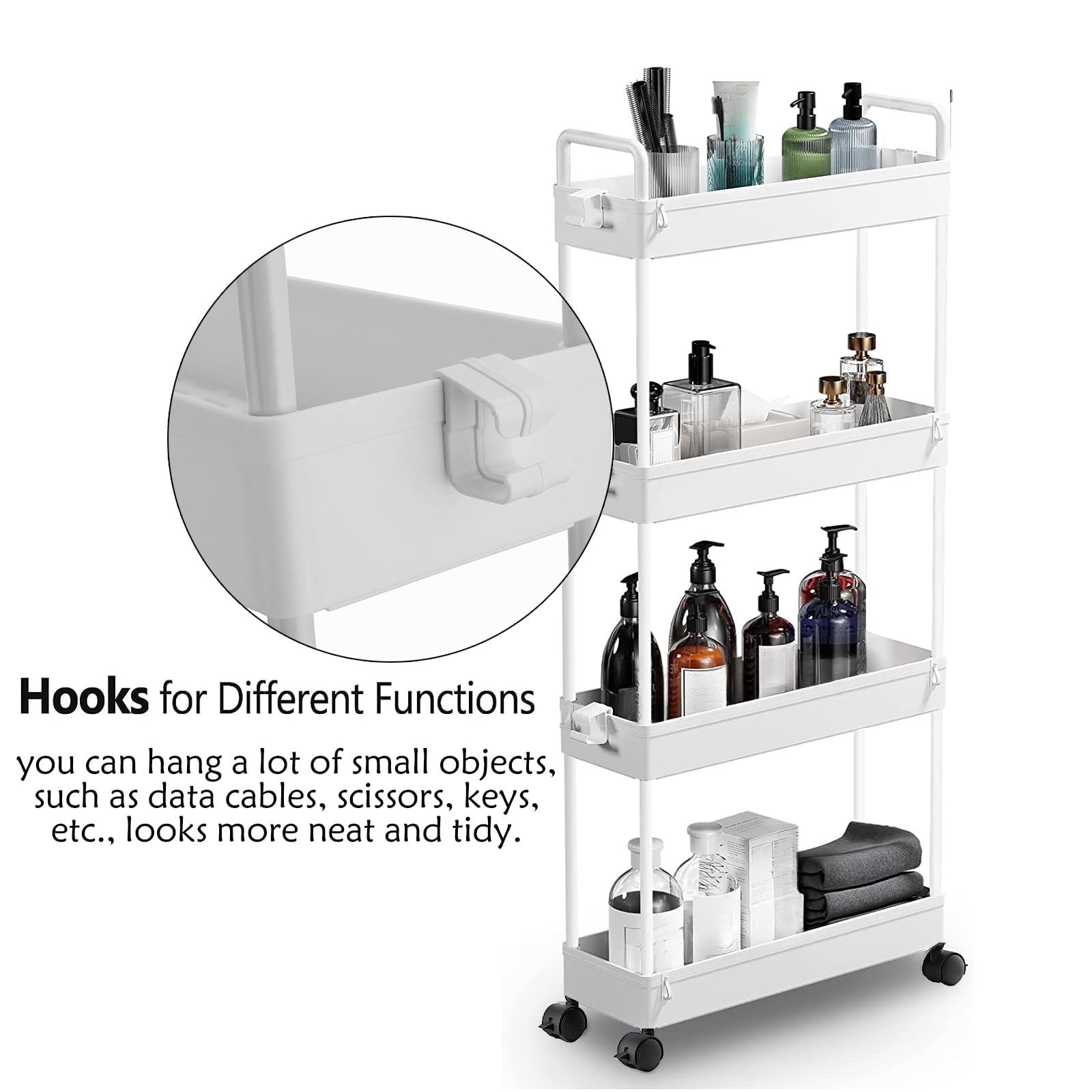 4-Tier Slim Rolling Storage Cart on Wheels, Slide Out Thin Utility Cart Kitchen Trolley with Wheels
