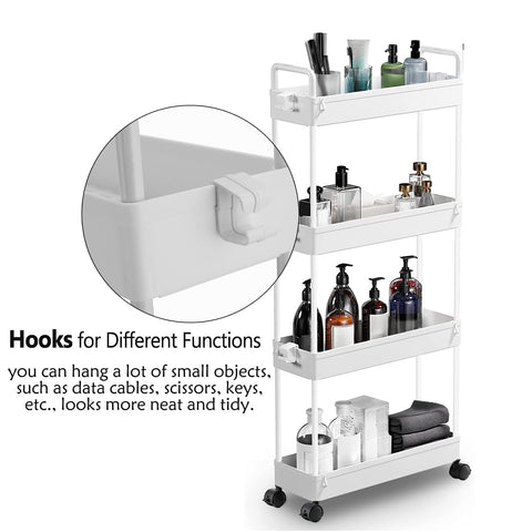 4-Tier Slim Rolling Storage Cart on Wheels, Slide Out Thin Utility Cart Kitchen Trolley with Wheels