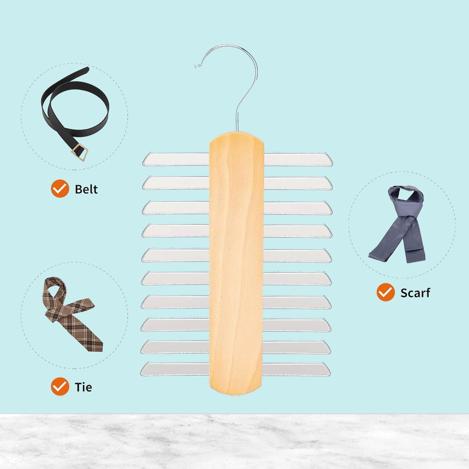 BOBOZHONG Wooden Tie Hanger for Wardrobe – 20 Non-Slip Chrome Bars Tie Organiser & Belt Rack with 360° Swivel Hook, Space-Saving Storage for Ties