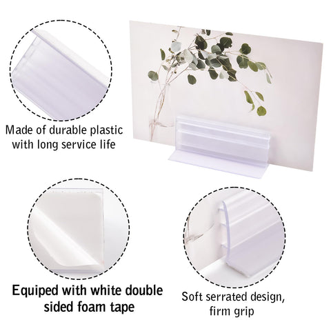 WANDIC 10pcs Acrylic Panels Holder, 2.95”*1.57”*1.18” Self Adhesive Sneeze Guard Holder with White Foam Tape Acrylic Stand for Cards Photos Display
