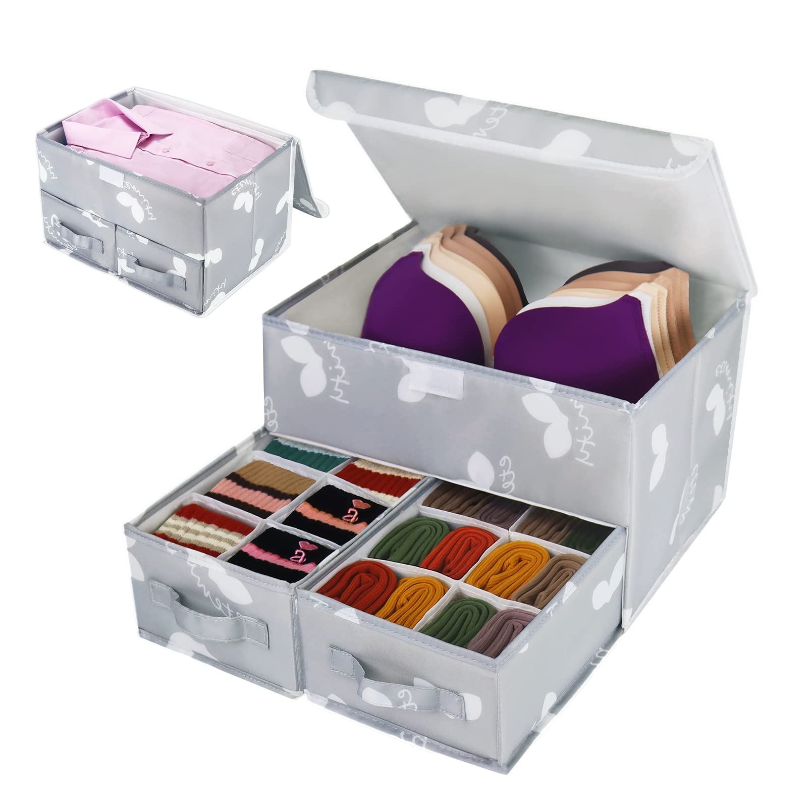 EASEVE 2 Pack Sock Underwear Drawer Organiser with Lid - Wardrobe Clothes Storage Boxes with Dividers, Foldable Fabric Closet Organizer for Bra, Sock