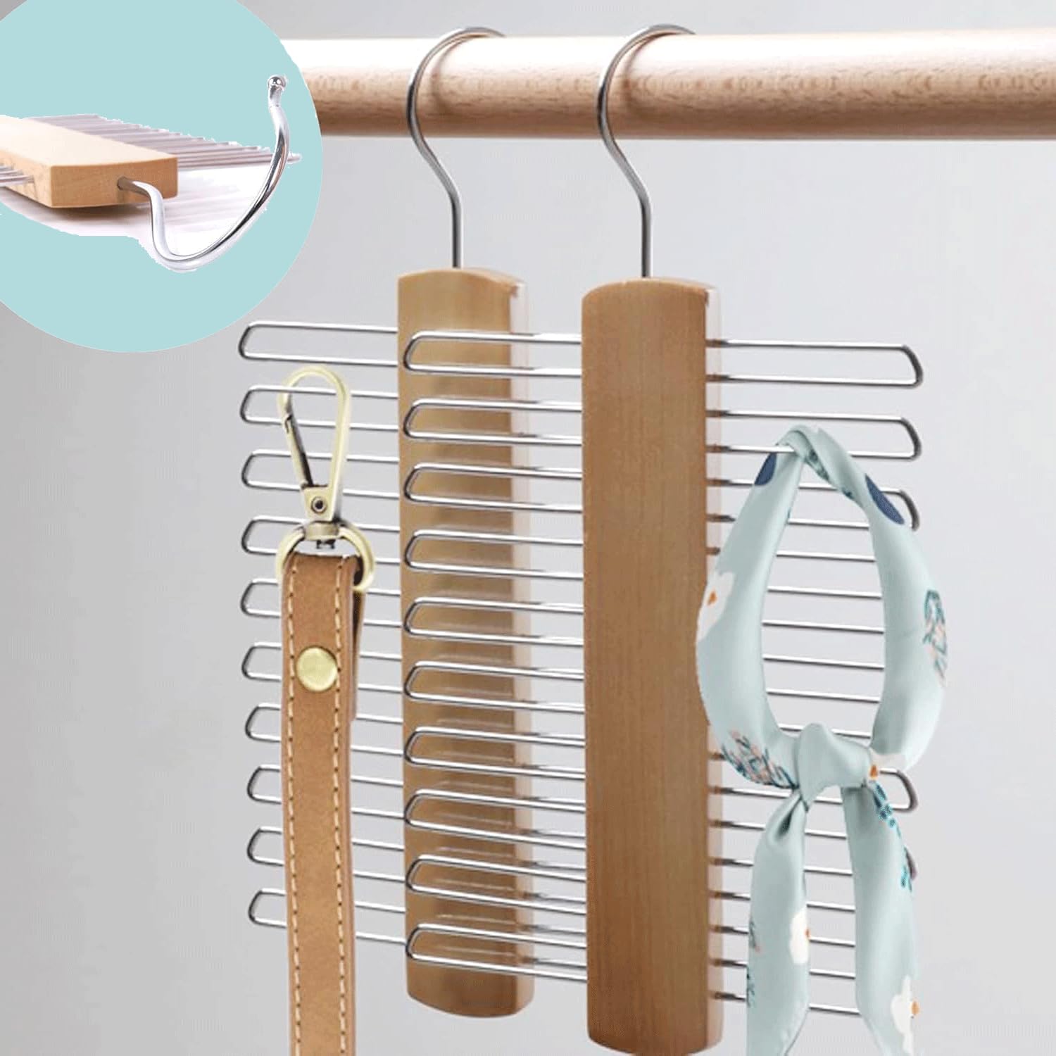 BOBOZHONG Wooden Tie Hanger for Wardrobe – 20 Non-Slip Chrome Bars Tie Organiser & Belt Rack with 360° Swivel Hook, Space-Saving Storage for Ties