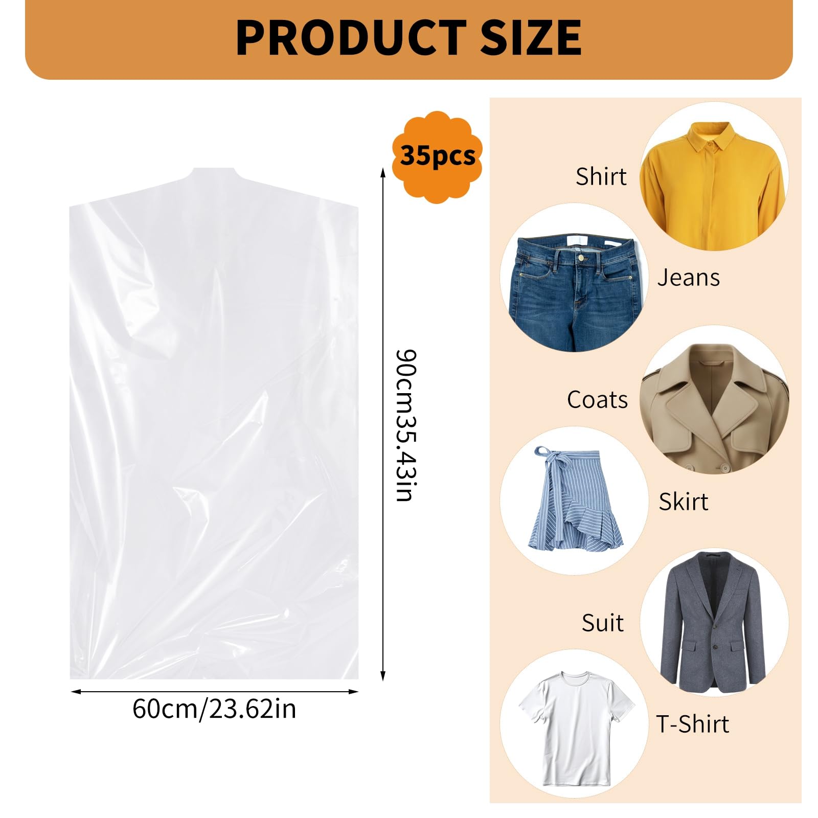 35 Pack Plastic Clothes Covers, Dry Cleaning Bags, Garment Bags 60 * 90 cm