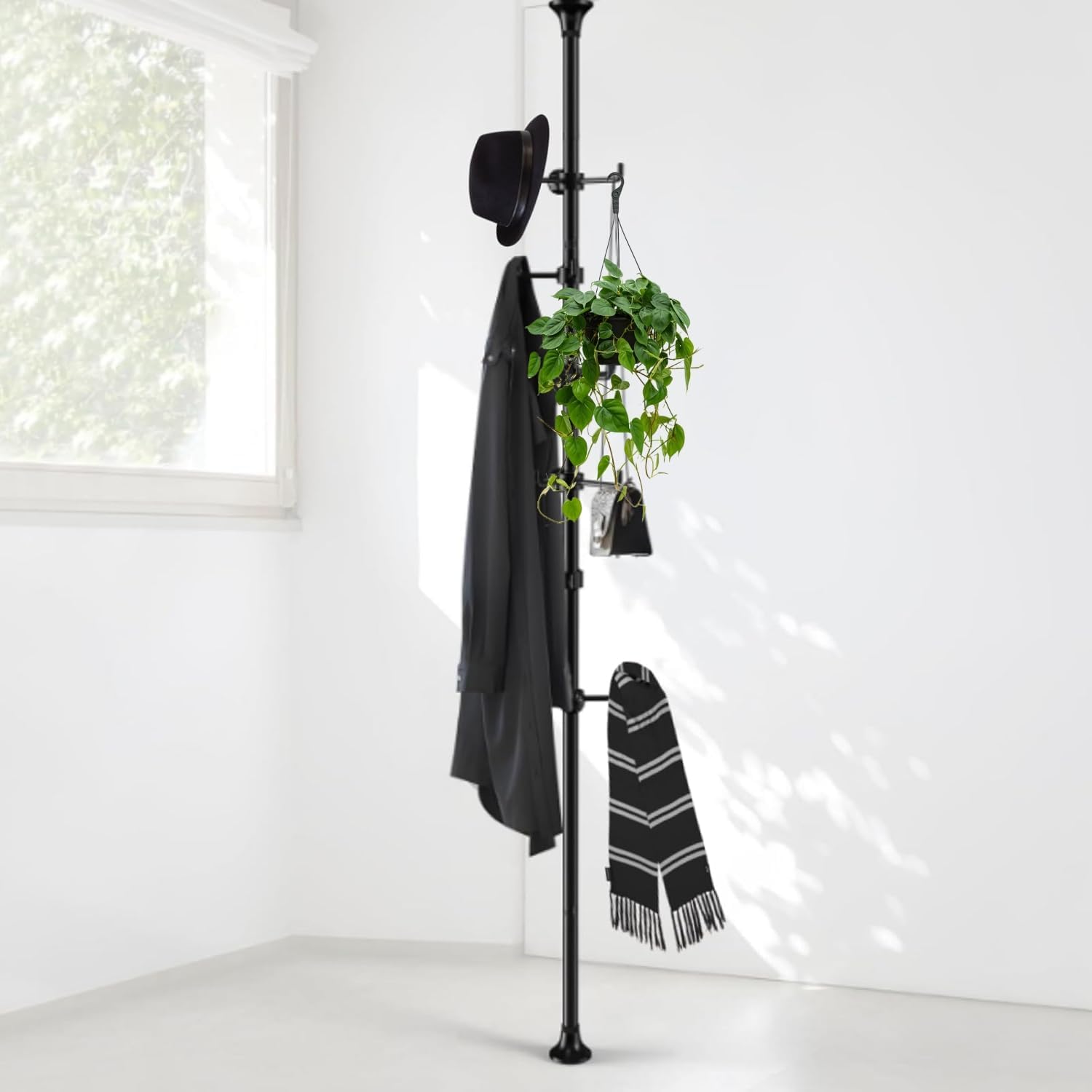DAKEPOLE Freestanding Coat Stand, Coat Rack Adjustable Tension Pole 140-310cm with 12 Hooks for Coats, Jackets, Hats