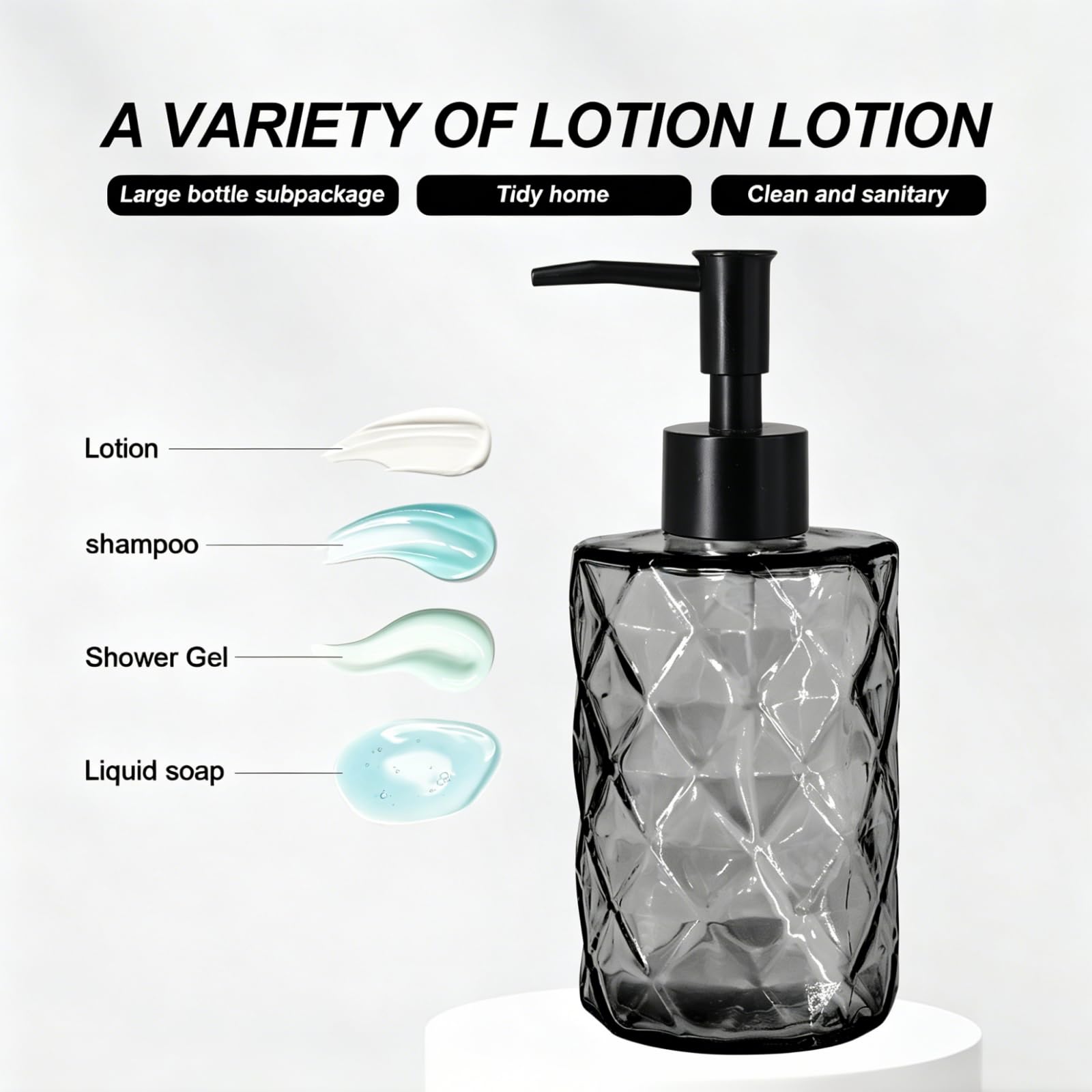Glass Soap Dispenser, 330ml Refillable Glass Bottle with Rust-Proof Plastic Pump Head for Bathroom, Mordern Design