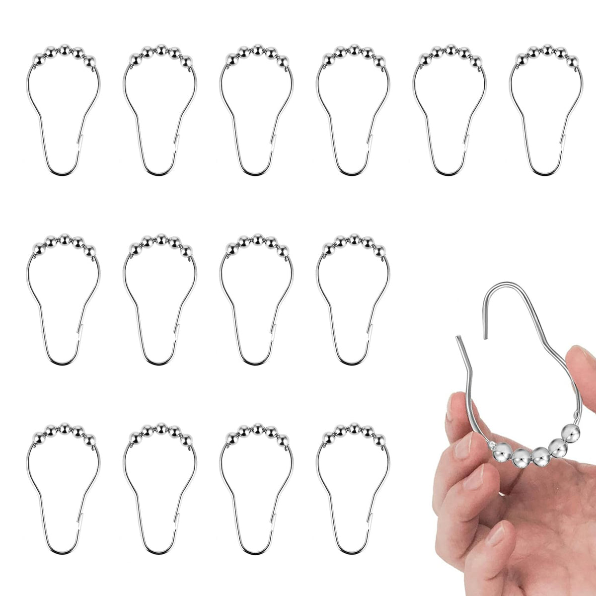 14-Piece Stainless Steel Shower Curtain Hooks - Rustproof, Smooth Gliding Rings for Easy Installation and Secure Hold on Standard Rods