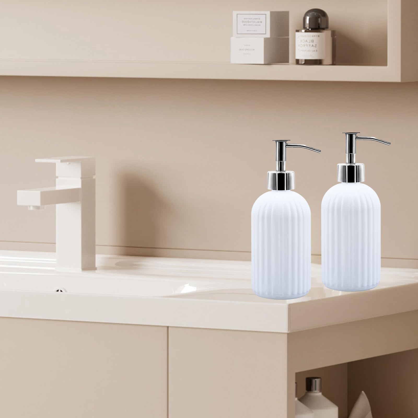 2 Pack Glass Soap Dispenser Bottle with Pump, 14 Oz Refillable Liquid Hand Jar Dispenser for Bathroom, Countertop, Kitchen, Laundry Room (White)