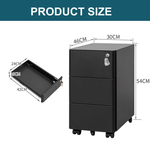 LVSTEEL Lockable 3-Drawer Metal Filing Cabinet on Wheels, Fully Assembled Mobile Office Storage, Filing Cabinets for Home Office, Fits Under Desk