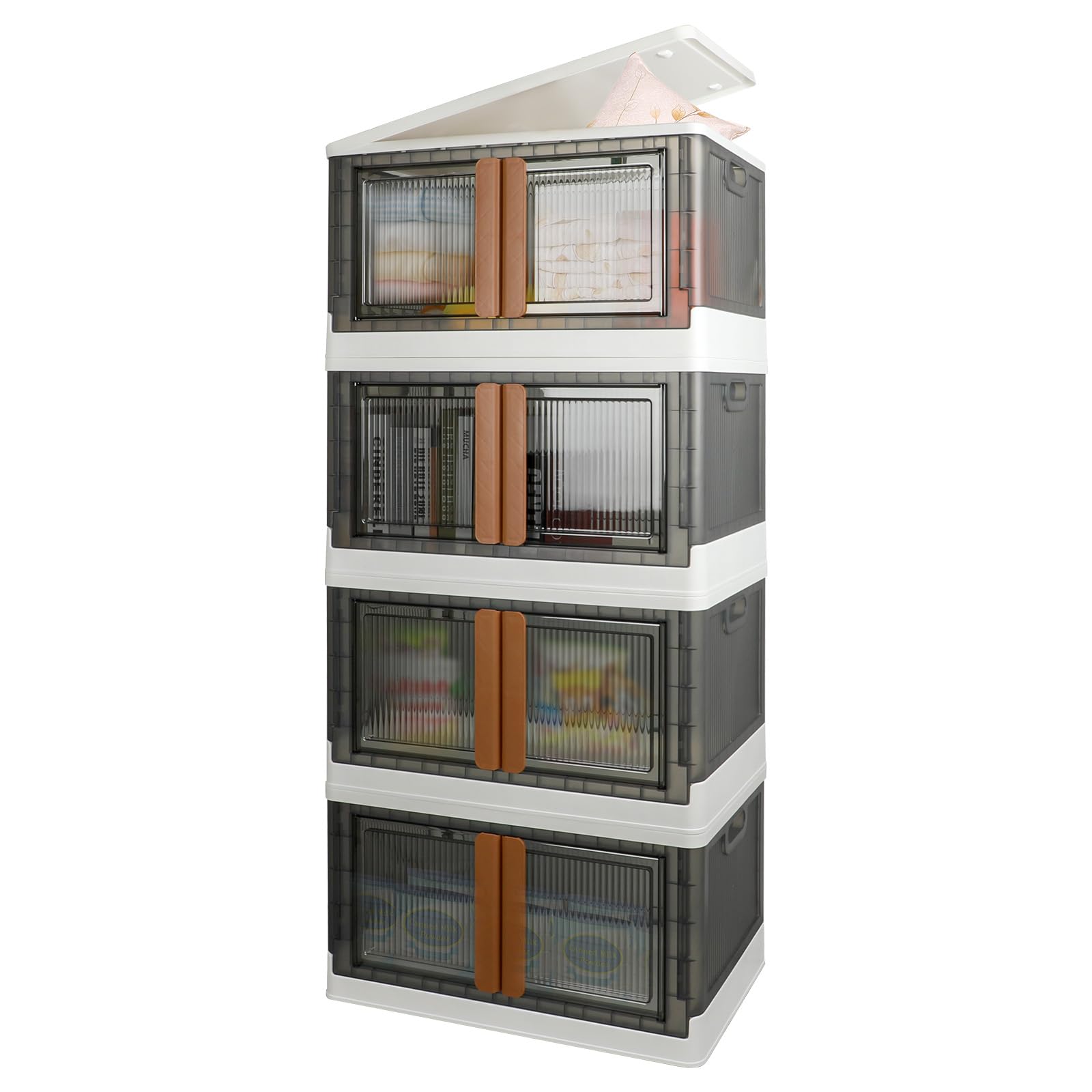 AssHMKIT Storage Cabinet, Extra Large Bin with Lids, 19 Gallon(72L) Each One, 4 Packs, Useful Box with Door and Buckles, Foldable, Transparent