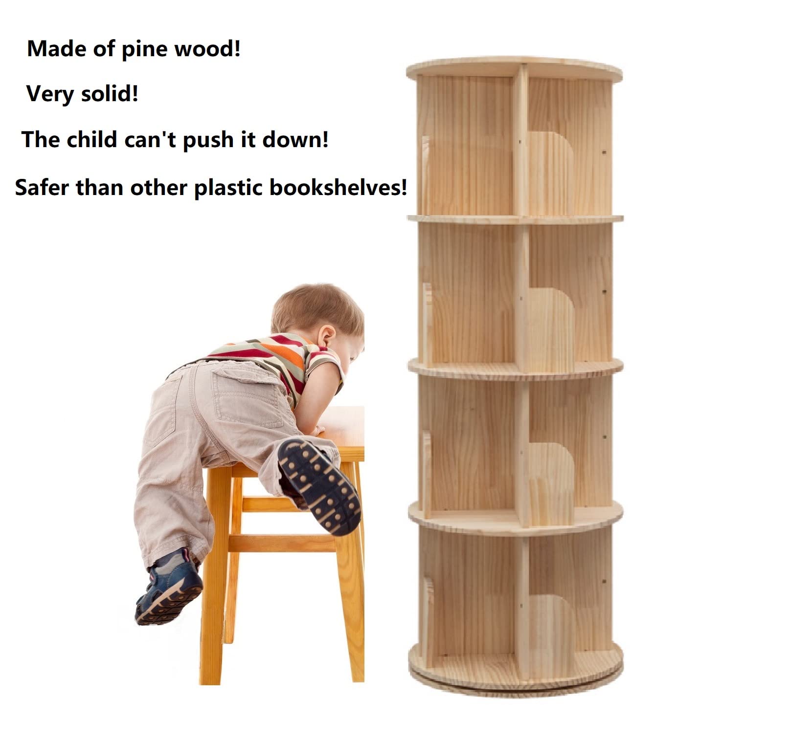 Heehee Rotating Bookshelf 360 Display 4 Tier Floor Standing Bookcase Storage Rack for Kids&Adults Solid Wood Bookshelf Organizer
