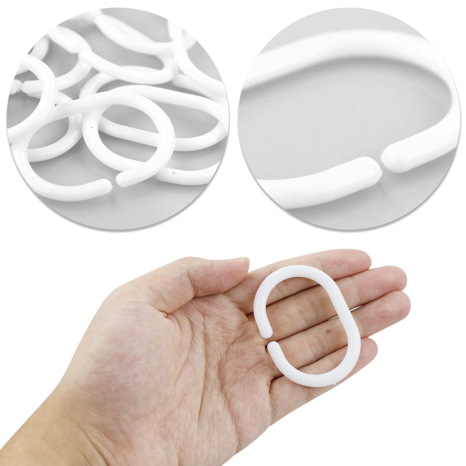 Shower Curtain Rings - 12 Pack Plastic C-Shaped Hooks, White - For Bathroom Shower or Window Rod