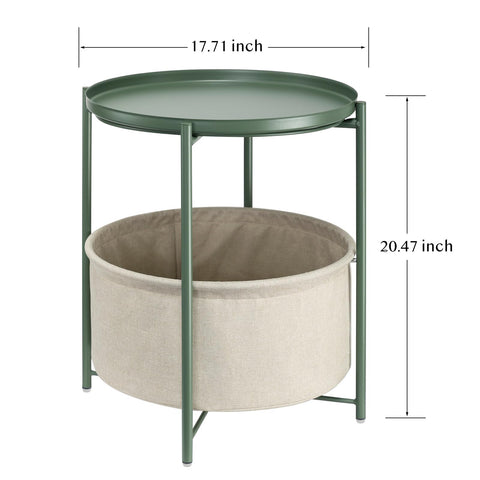 danpinera Round Side Table with Fabric Storage Basket, Metal Side Table Small Bedside Nightstand with Removable Tray for Living Room, Bedroom