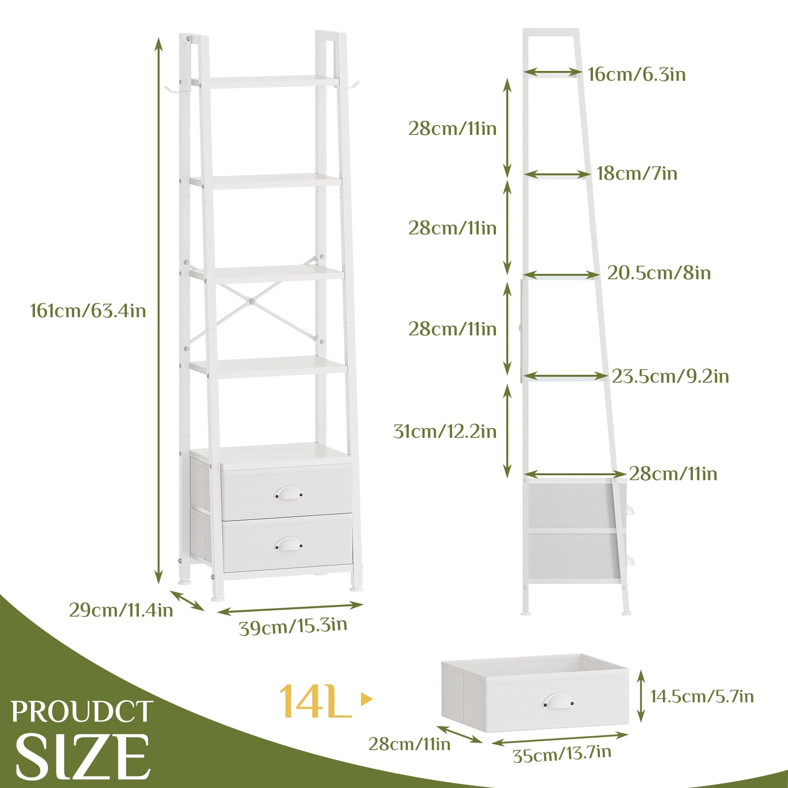 Wooruy 5 Tier Narrow Bookshelf with 2 Fabric Drawers Corner Ladder Shelf