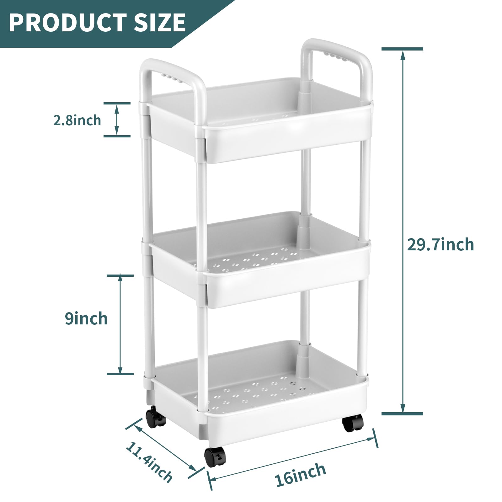 EZ COZY 3-tier Storage Trolley On Wheels - Kitchen Storage Utility Cart Rolling Storage Organiser for Kitchen Bathroom Laundry and Office, White