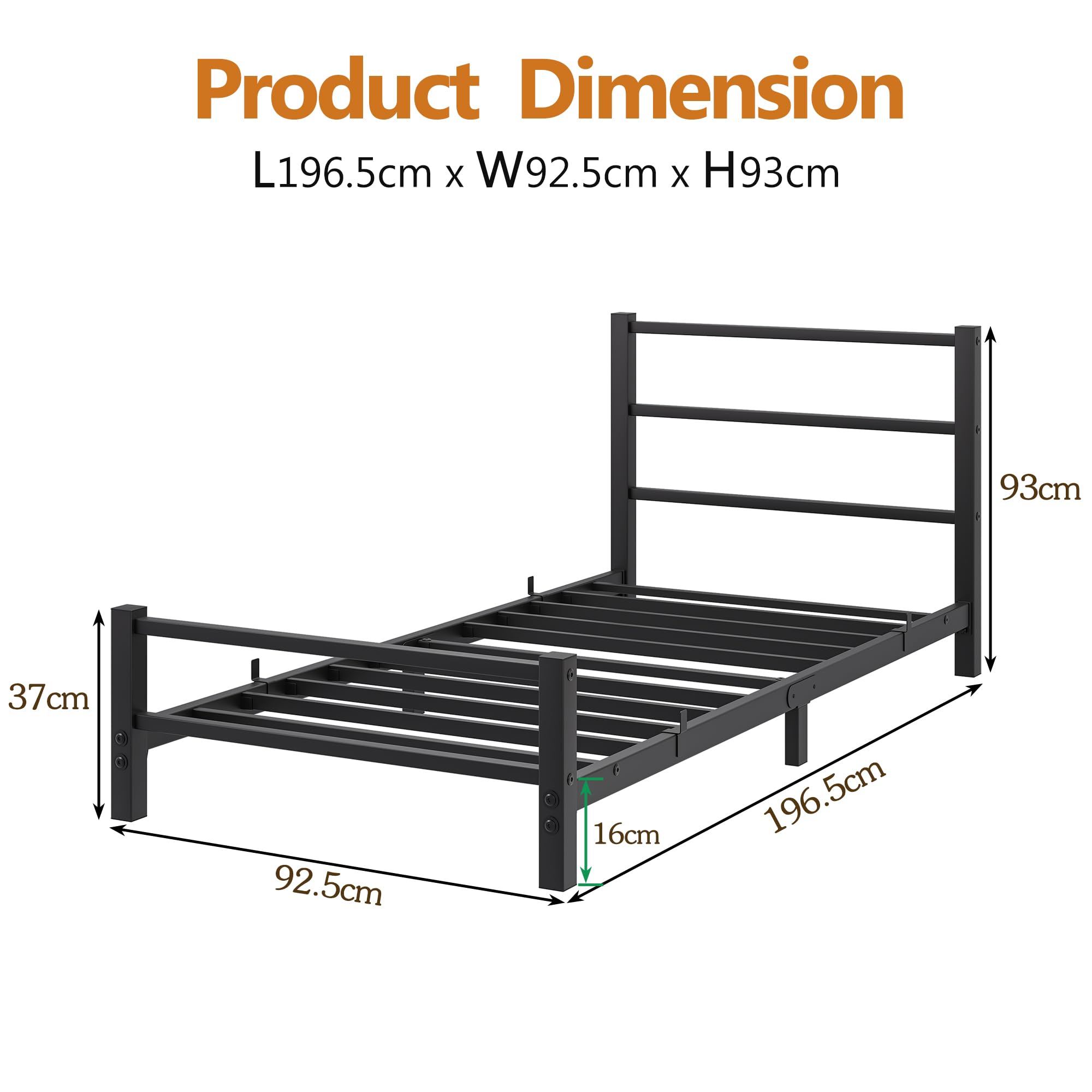 HAHRIR 16cm Low Profile 3ft Single Bed Frame with Metal Headboard, Black