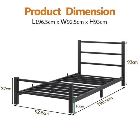 HAHRIR 16cm Low Profile 3ft Single Bed Frame with Metal Headboard, Black