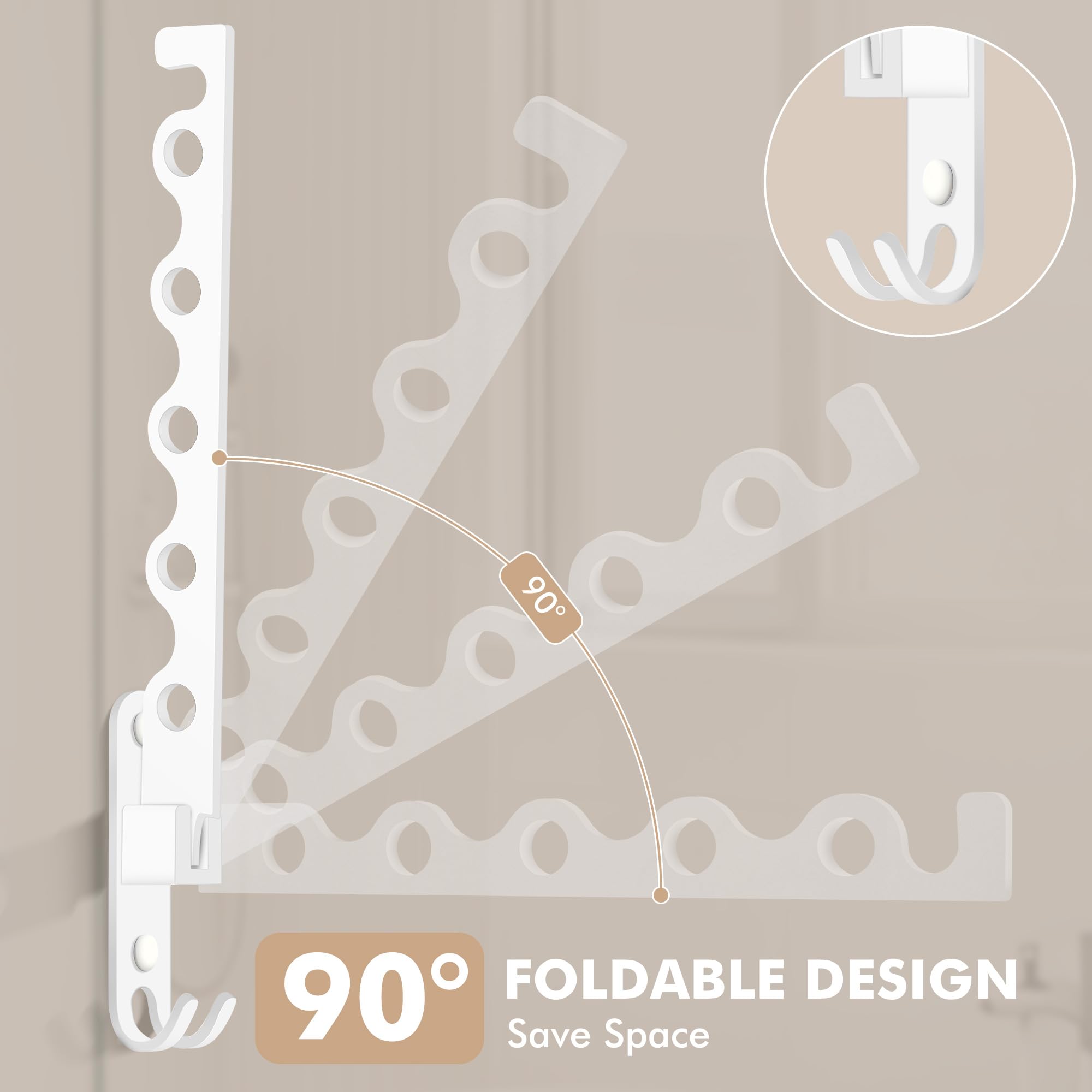 MEIJO Wall-Mounted Clothes Rack White, Foldable Wall Mounted Clothes Rail, 90° Rotation Heavy Duty Wall Clothing Drying Rack Wall Coat Rack for