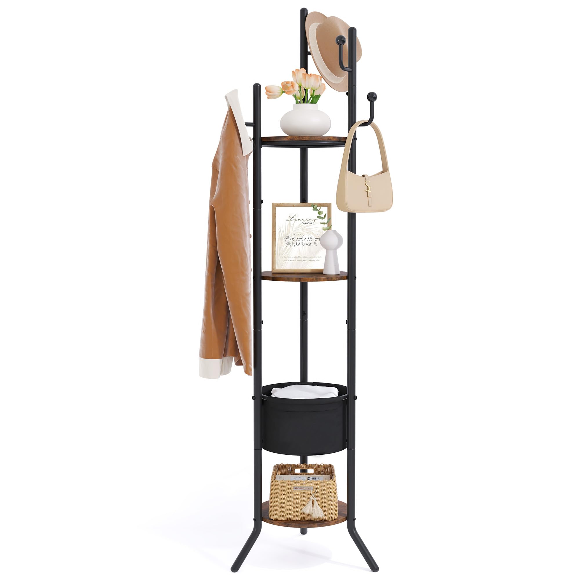 Hoctieon Coat Rack Freestanding, Round Coat Rack with 3 Wooden Shelves and 1 Fabric Basket, Metal Clothes Tree with 5 Hooks