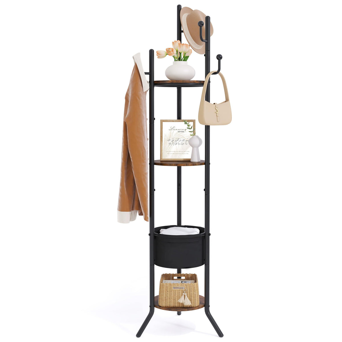 Hoctieon Coat Rack Freestanding, Round Coat Rack with 3 Wooden Shelves and 1 Fabric Basket, Metal Clothes Tree with 5 Hooks