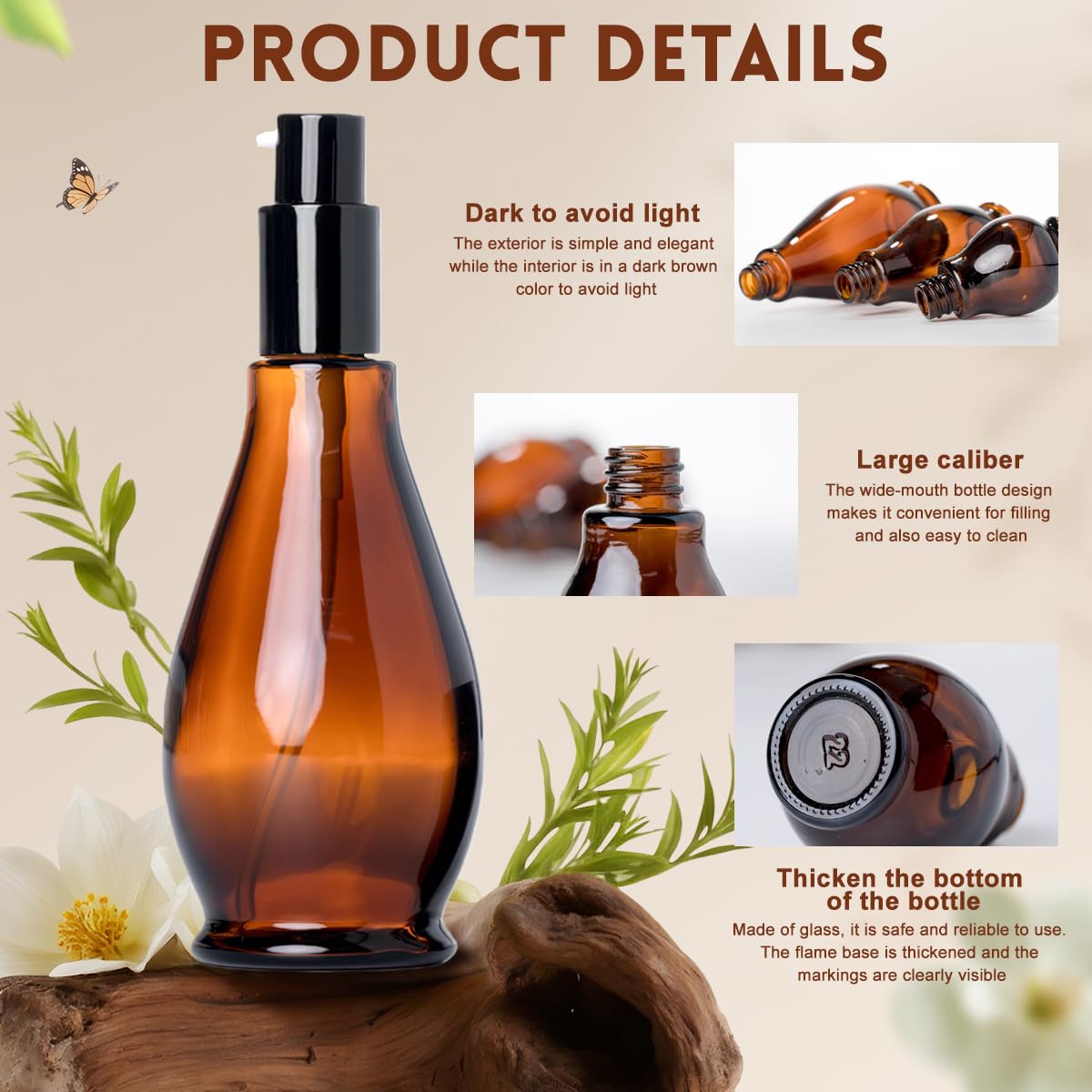 2Pcs 100ml/3.4oz Amber Glass Lotion Pump Bottles Travel Size Pump Dispenser Cosmetics Containers Bottle Jar with Black Pump for Essential Oil