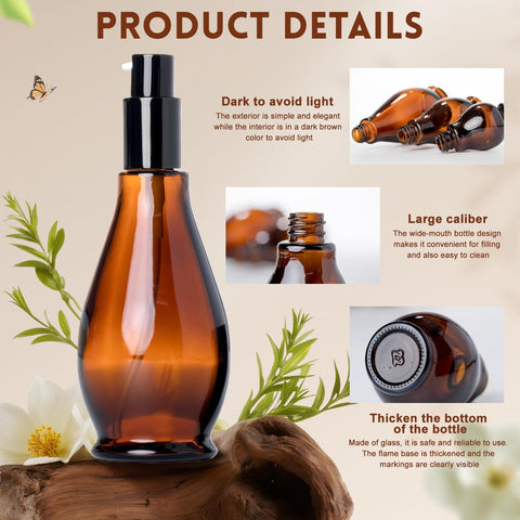 2Pcs 100ml/3.4oz Amber Glass Lotion Pump Bottles Travel Size Pump Dispenser Cosmetics Containers Bottle Jar with Black Pump for Essential Oil