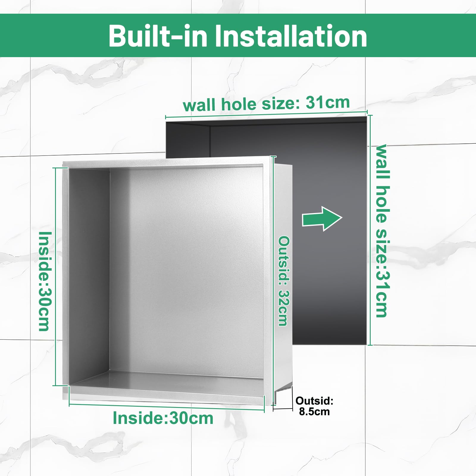 DBREAKS Wall Recess Shower Stainless Steel 32 x 32 x 8.5 cm Shower Enclosure Silver