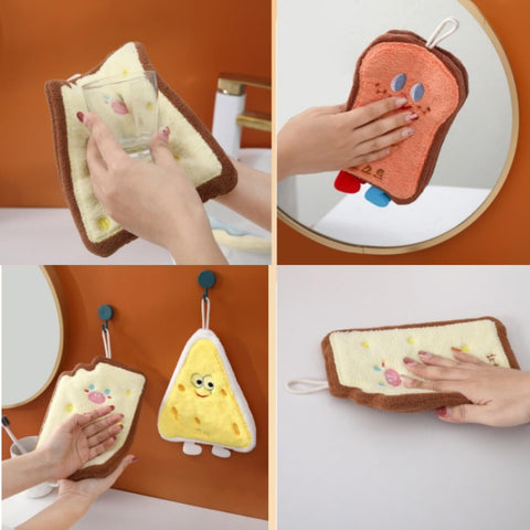 RevpoltIQ 4 Pcs Cute Hanging Hand Towels, Food Shape Cheese Toast Doughnuts Cracker with Cartoon Faces