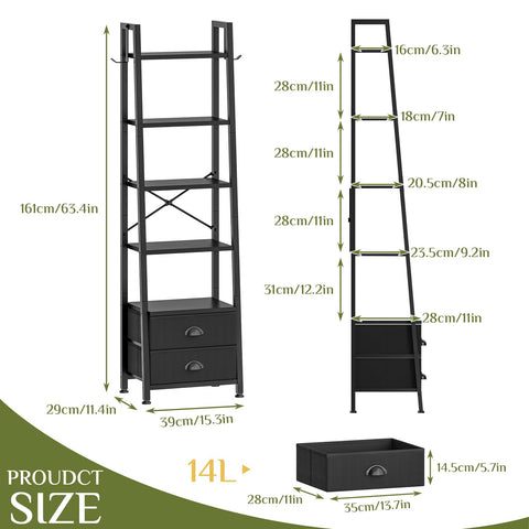 Wooruy 5 Tier Narrow Bookshelf with 2 Fabric Drawers Corner Ladder Shelf