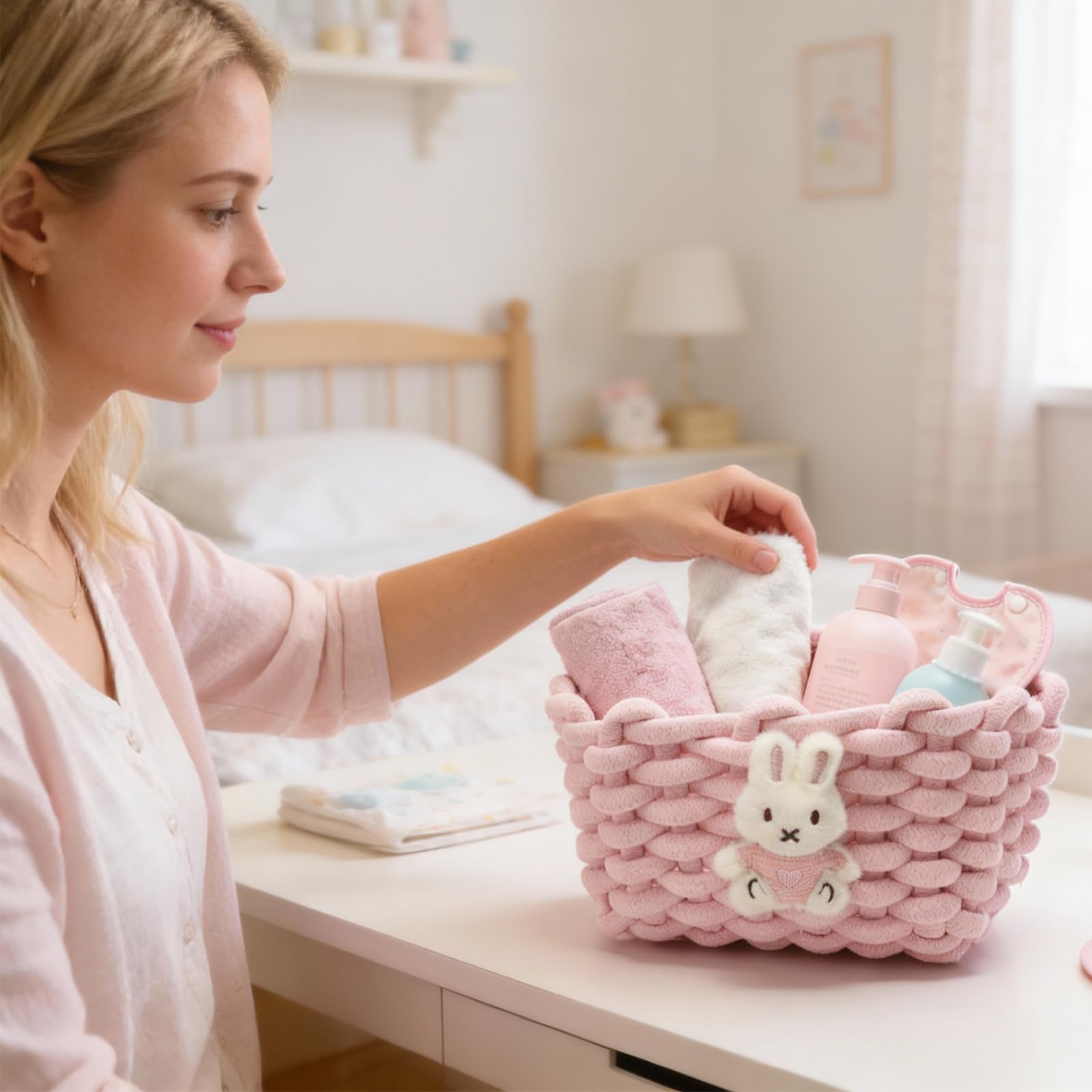 Woven Cotton Wicker Storage Basket with Bear Motif, White - Bathroom Organizer for Desk, Makeup Table, Cabinets, Bath, Kitchen (Pink - Rabbit)