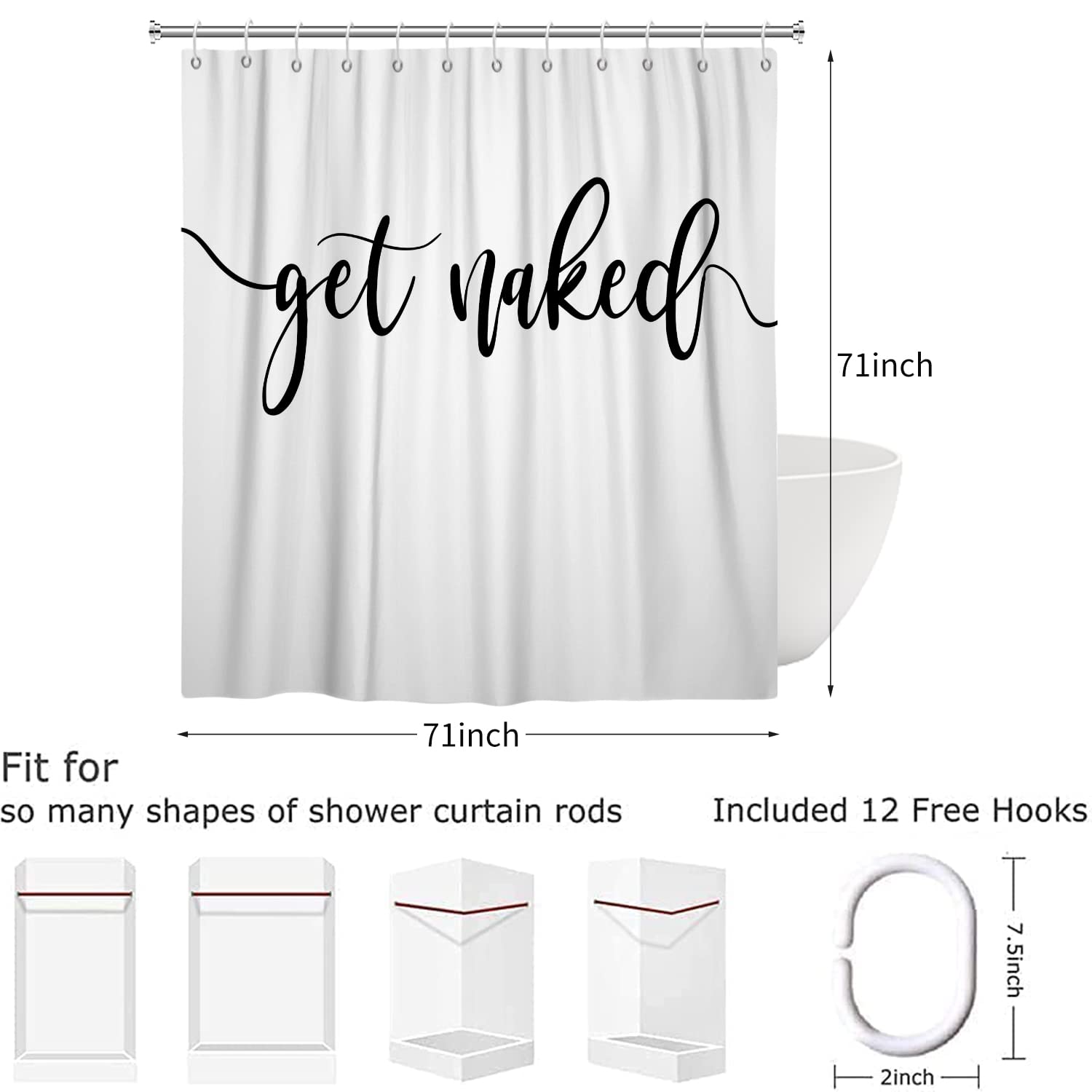Hnmdmyi White Shower Curtain 180x180, Black Art Font Words Get Naked Shower Curtains Funny Quotes Beautiful and Cool Bathroom Curtains Waterproof