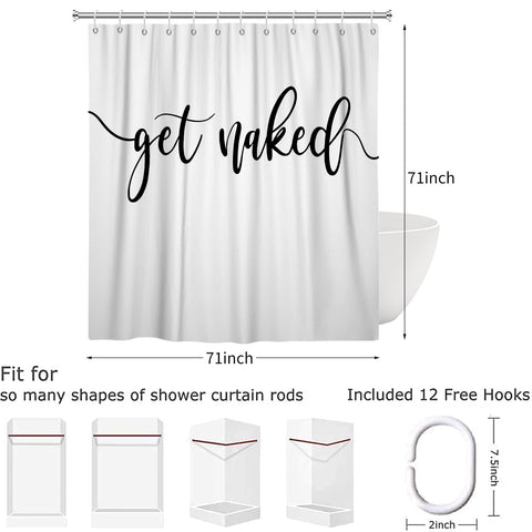 Hnmdmyi White Shower Curtain 180x180, Black Art Font Words Get Naked Shower Curtains Funny Quotes Beautiful and Cool Bathroom Curtains Waterproof