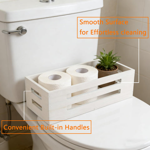 Punorric Wooden Toilet Paper Basket, White Bathroom Storage Basket with Handle, Toilet Paper Organiser Tray for Bath