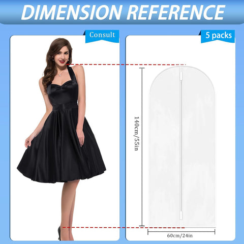 Garment Bags, pack of 5, 60 cm x 140 cm, translucent PEVA Dress bags with zippers, durable Clothes Covers, Reusable Garment Bags for Suits, Dresses