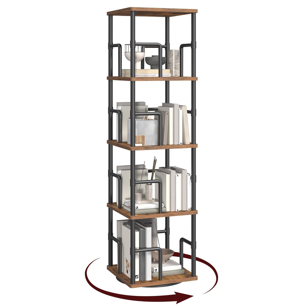 MAHANCRIS Rotating Bookshelf, 4-Tier Spinning Bookcase, 360° Revolving Bookcase, Storage Turning Shelf with Rails for Corner, Living Room, Bedroom