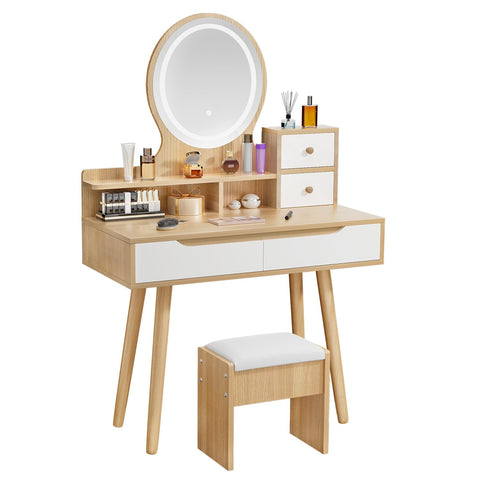 Dressing Table with Round Mirror and Lights, Small Vanity Desk with Stool