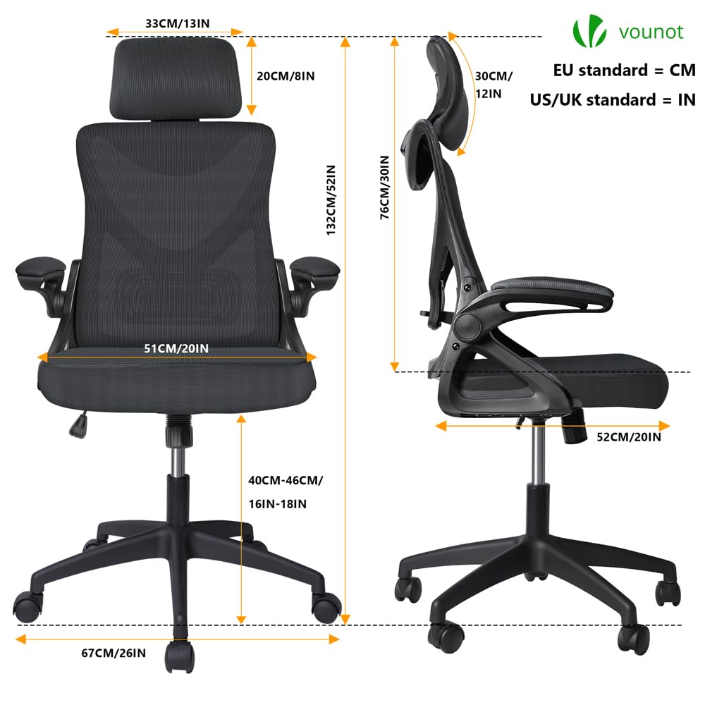 VOUNOT® Ergonomic Office Desk Chair, High Back Computer Chair, Executive Swivel Chair with Adjustable Lumbar Support & Headrest for Home Office, Black