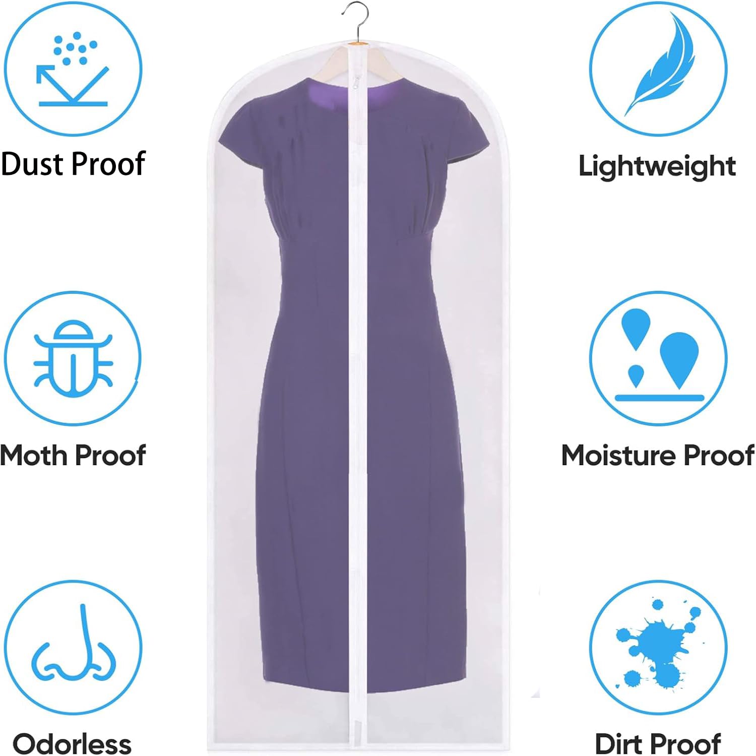 Garment Bags, pack of 5, 60 cm x 140 cm, translucent PEVA Dress bags with zippers, durable Clothes Covers, Reusable Garment Bags for Suits, Dresses