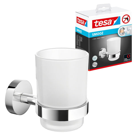 tesa SMOOZ Toothbrush and Toothpaste Holder - No Drill Wall Mounted Satined Cup with Chrome-Plated Holder, Stainless - Waterproof