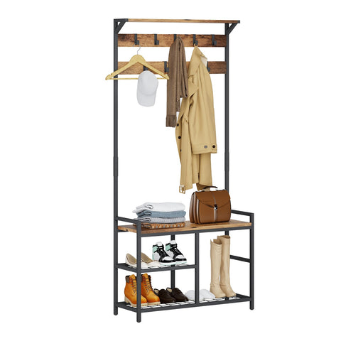 Industrial Coat Rack Freestanding Hall Tree 33"x12"x71.5" Rustic Brown