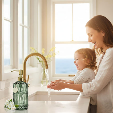 Gem Patterned Glass Soap Dispenser Bottle with Pump, 18Oz Refillable Liquid Hand Jar Dispenser for Bathroom, Countertop, Kitchen, Laundry Room (Green)