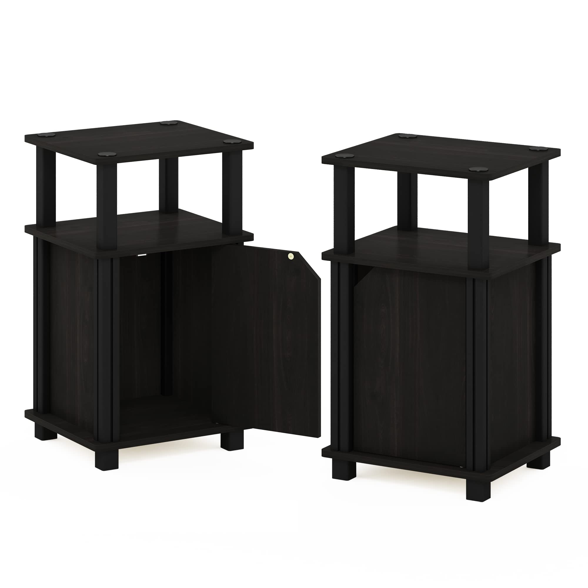 Furinno JUST Side Table Set of 2, 3-Tier End Table with Door Cabinet, Night Stand, Bedside Table with Open Shelf, for Living Room, Bedroom, Espresso
