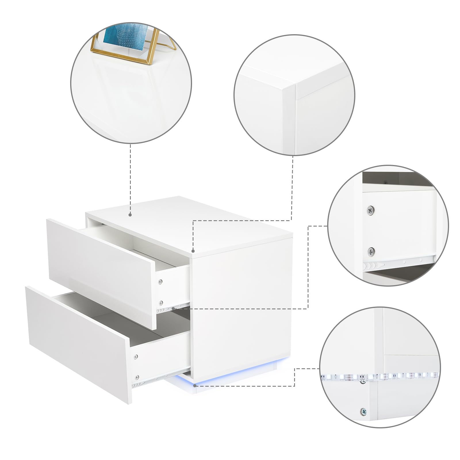 Meerveil Bedside Table, LED Bedside Cabinet with 2 Drawers High Gloss with USB Light 60x39x45cm for Bedroom Living Room, White