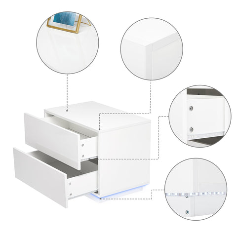 Meerveil Bedside Table, LED Bedside Cabinet with 2 Drawers High Gloss with USB Light 60x39x45cm for Bedroom Living Room, White