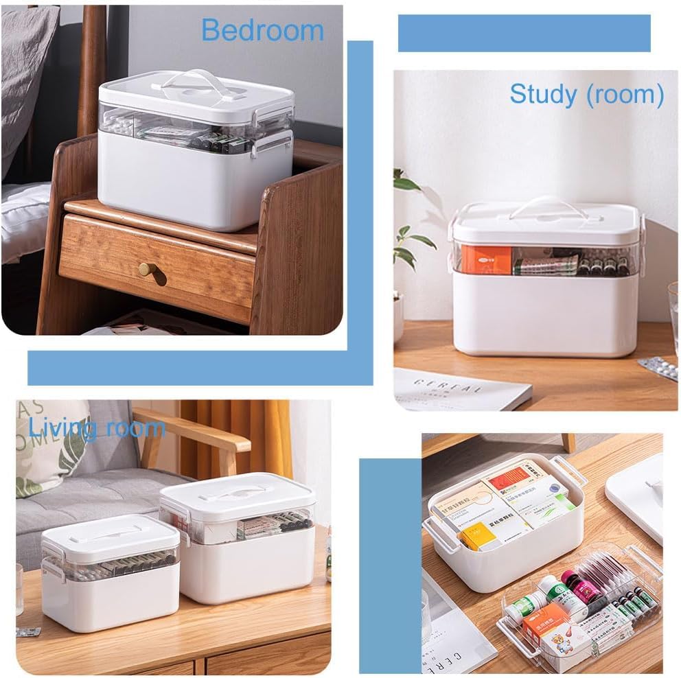Medicine Storage Box, Double Layers Multi Grid Organiser With Lid, Portable First Aid Cabinet for Home, School, Office (L)