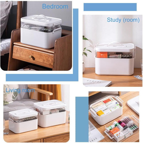 Medicine Storage Box, Double Layers Multi Grid Organiser With Lid, Portable First Aid Cabinet for Home, School, Office (L)
