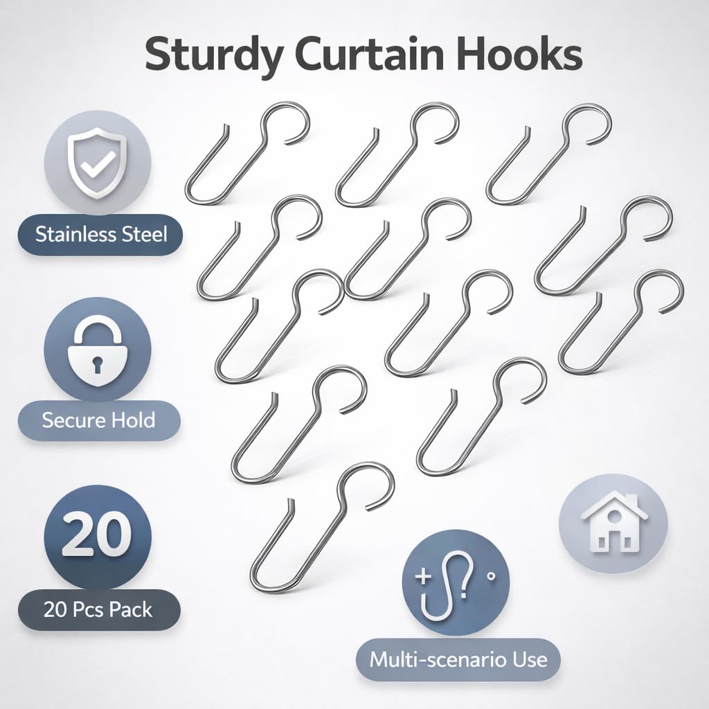 Shower Curtain Hooks, Rust-Resistant for Bathroom Rails, 20 Pack, Silver