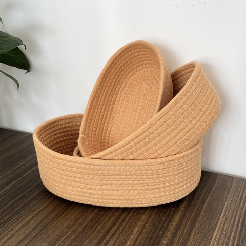 Set of 3 Cotton Rope Storage Baskets - Small Brown Oval Organizers for Bathroom, Nursery & Home, Handmade Woven (Brown)